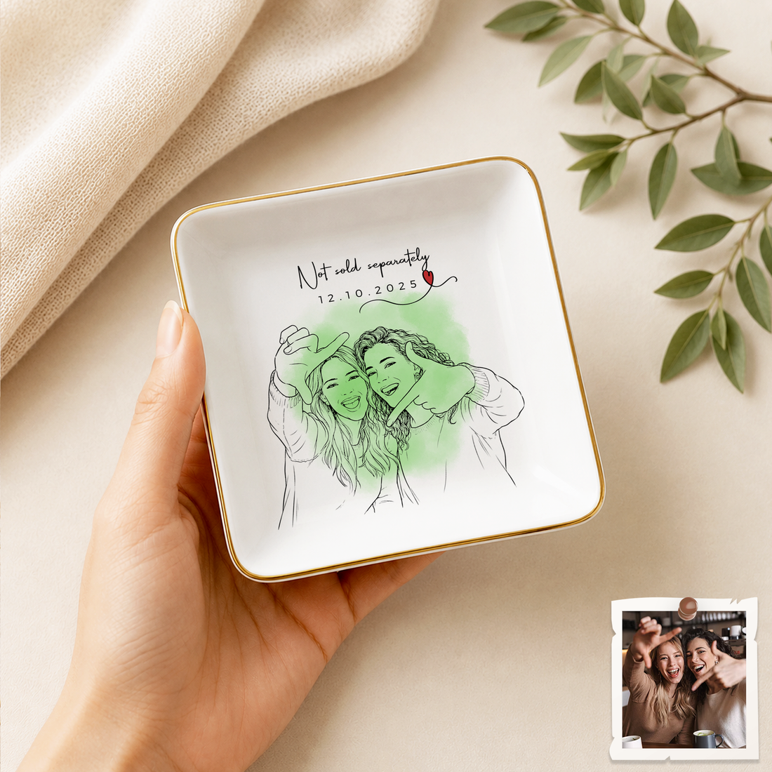 Personalized Best Friend Photo Detailed Line Art Trinket Dish with Custom Text, Custom Friendship Keepsake Gift