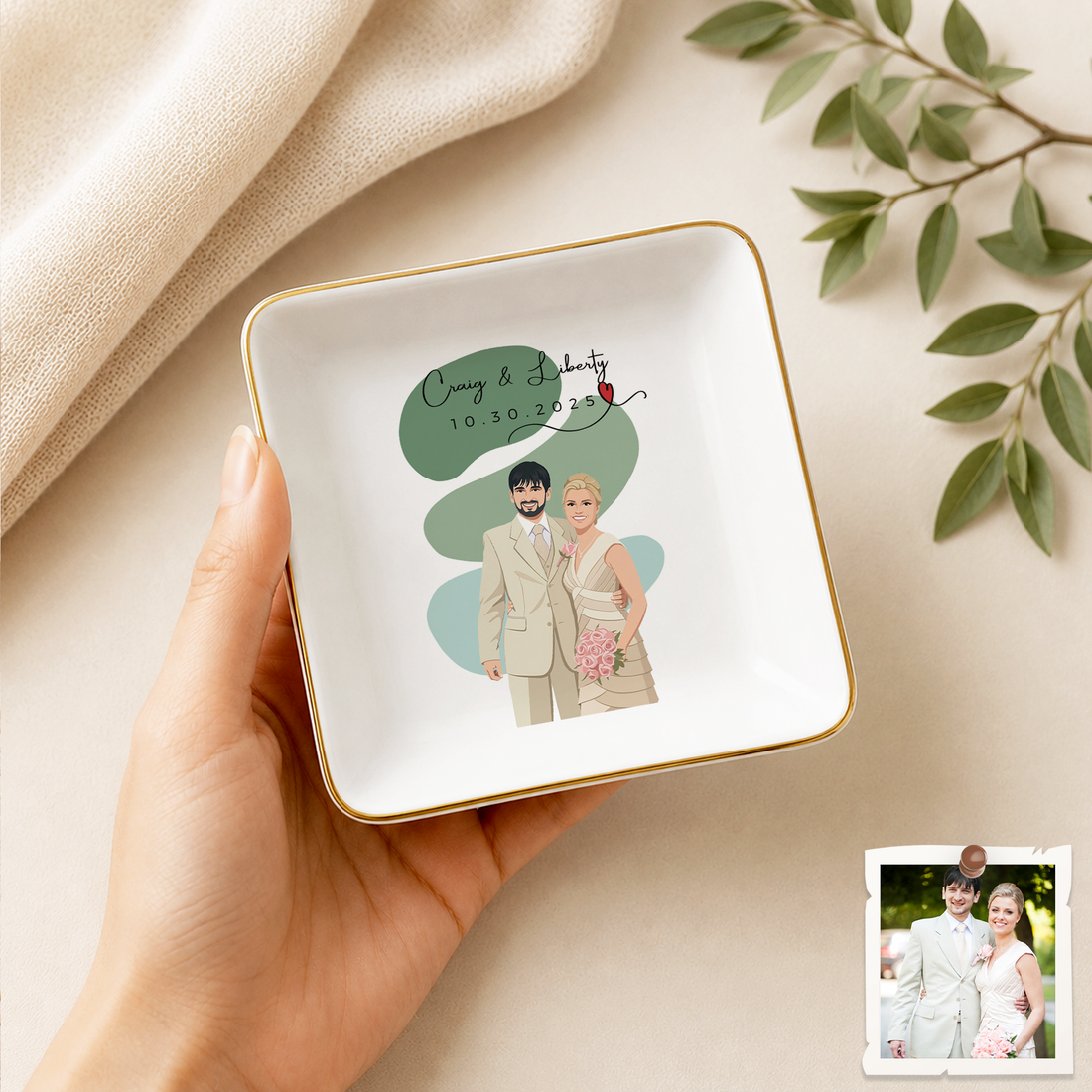 Personalized Engagement Wedding Illustration Trinket Dish with Custom Text