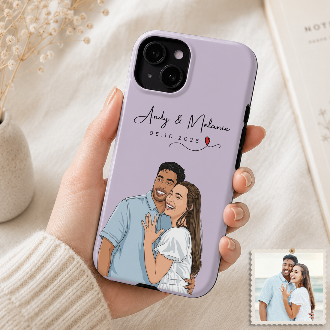 Tough Phone Case for iPhone & Samsung, Personalized Engagement Wedding Illustration Case with Custom Text