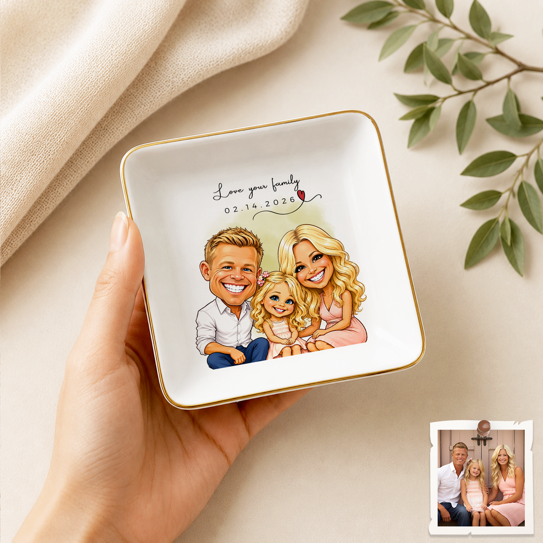 Personalized Family Photo Caricature Trinket Dish with Custom Text, Custom Family Keepsake Gift