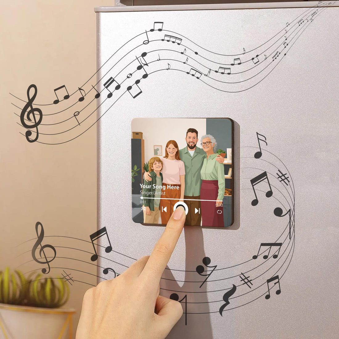 Personalized Family Illustration Music Fridge Magnet - Custom Photo Art & Song Recording Keepsake for Home Decor