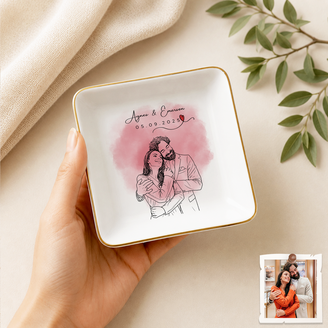 Personalized Engagement Wedding Photo Detailed Line Art Trinket Dish with Custom Text, Custom Couple Keepsake Gift