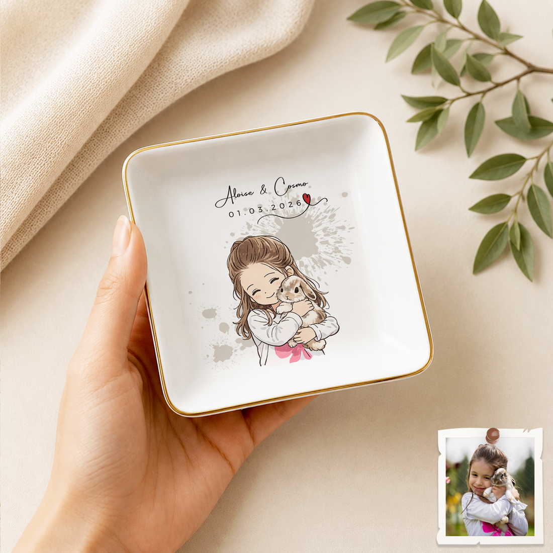 Custom Pet & Owner Photo Anime Illustration Trinket Dish with Personalized Text, Cute Pet Parent Keepsake Gift