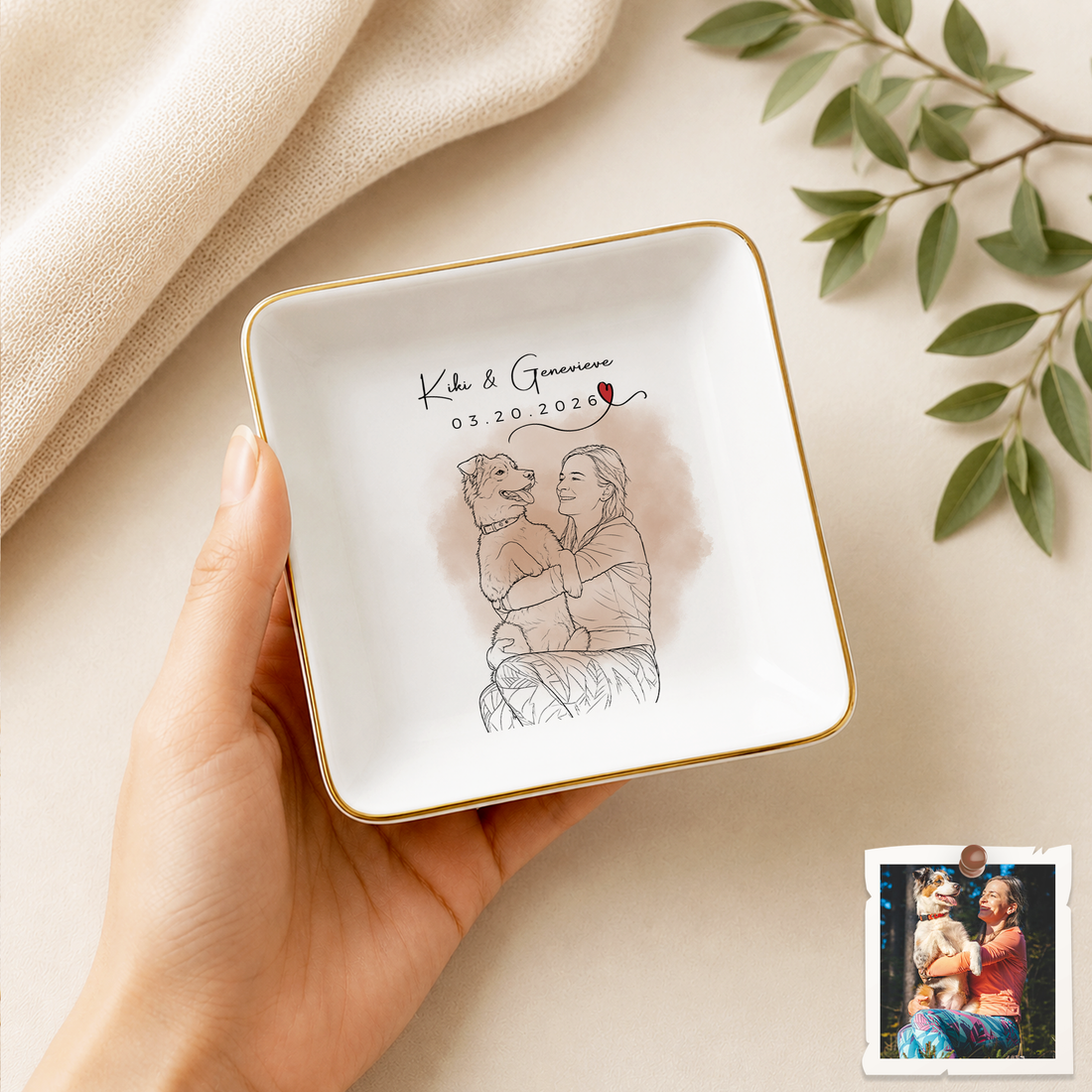 Personalized Dog & Owner Photo Detailed Line Art Trinket Dish with Custom Text, Custom Pet Lover Keepsake Gift