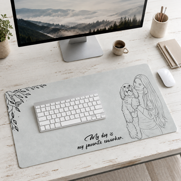Personalized Photo to Detailed Line Art Dog & Pet Owner Desk Mat with Custom Text