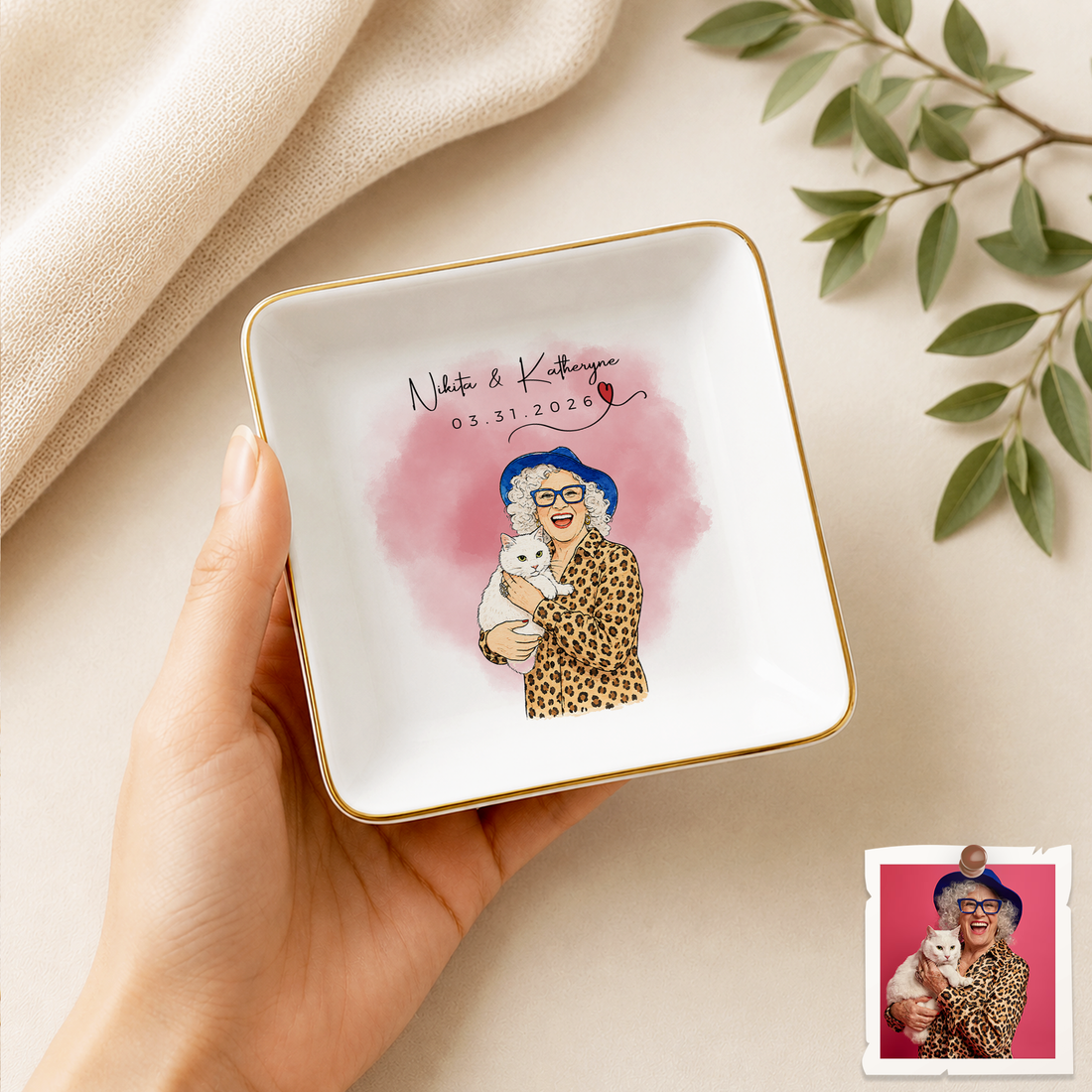 Custom Pet & Owner Photo Water Color Doodle Trinket Dish with Personalized Text, Cute Pet Parent Keepsake Gift