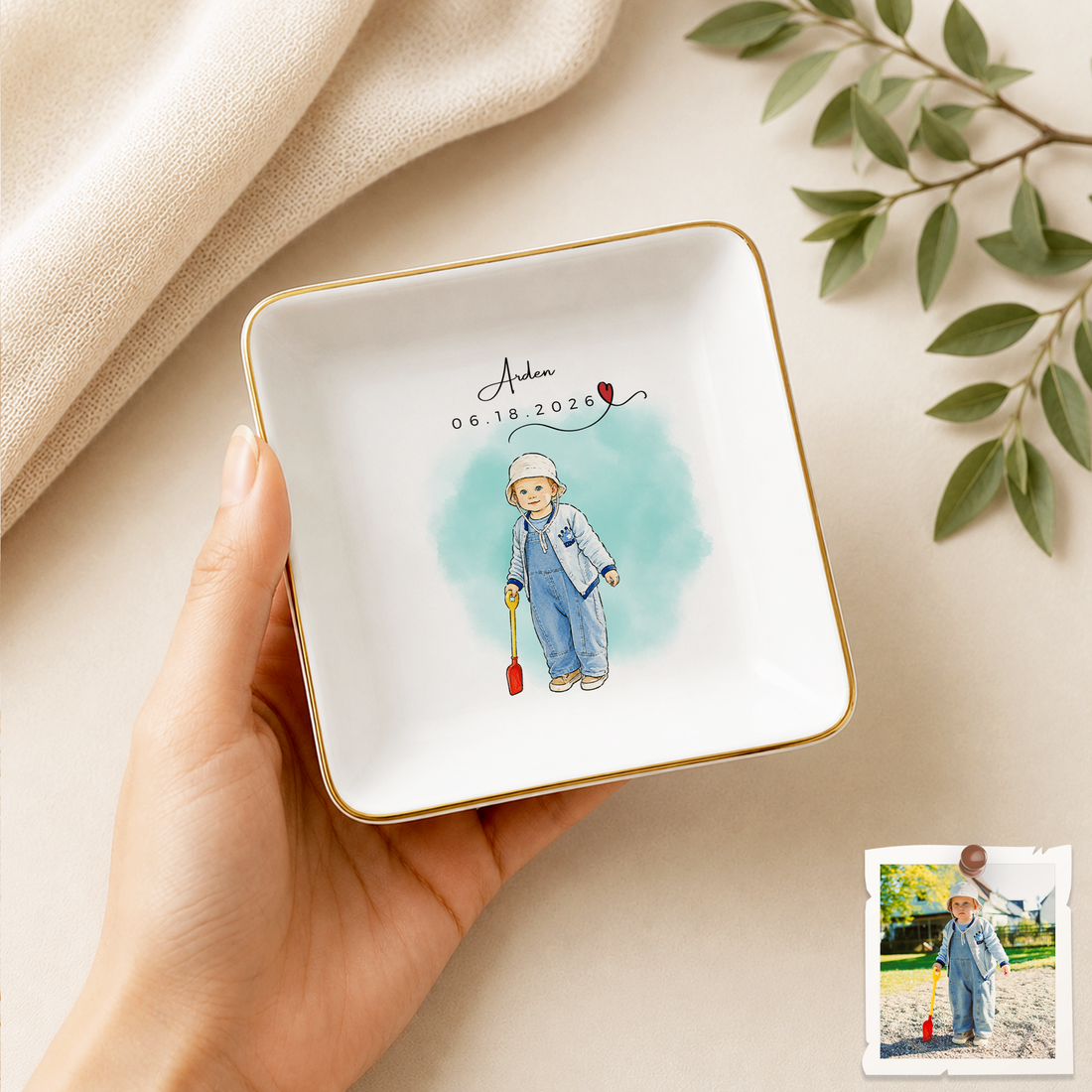 Personalized Baby With Mom Photo Water Color Doodle Trinket Dish with Custom Text, Custom Mother and Baby Keepsake Gift