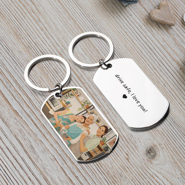 Personalized Family Photo to Illustration Art Keychain - Custom Engraved Stainless Steel Keepsake with Heartfelt Love Message