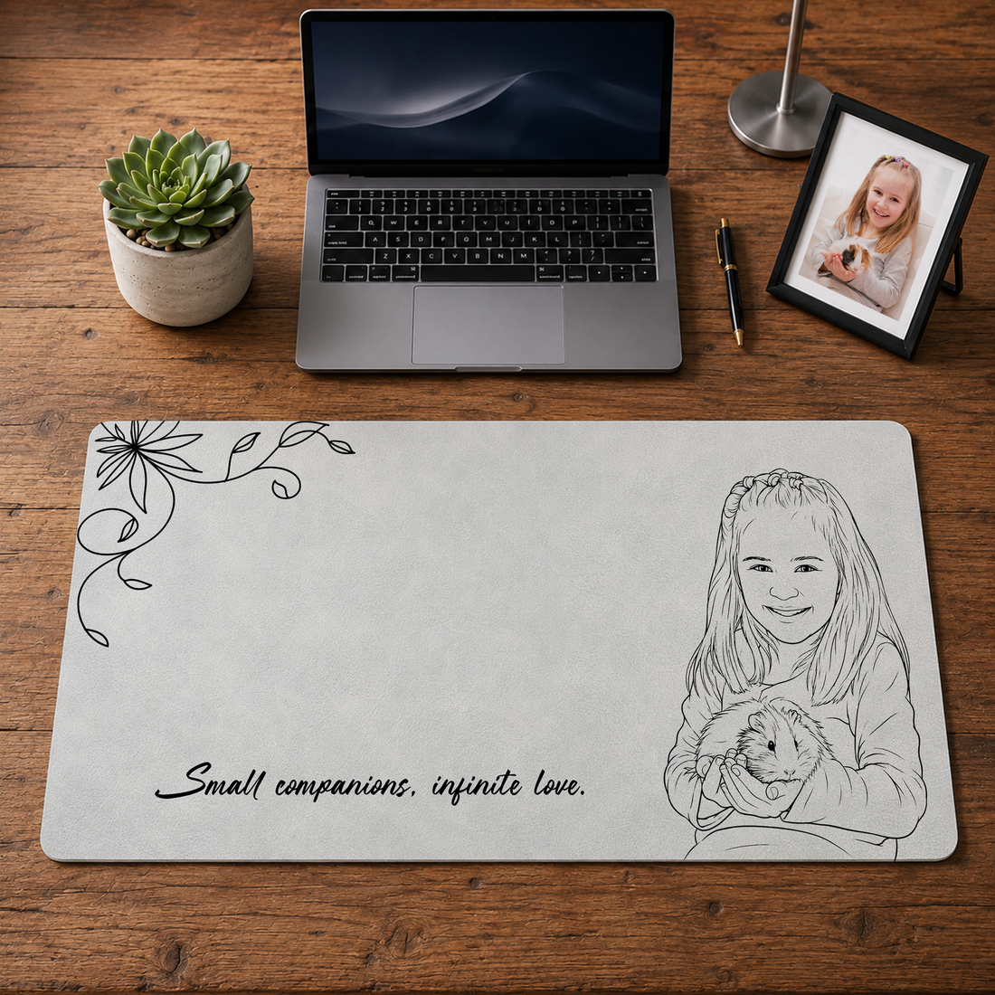 Personalized Photo to Detailed Line Art Pet & Pet Owner Desk Mat with Custom Text