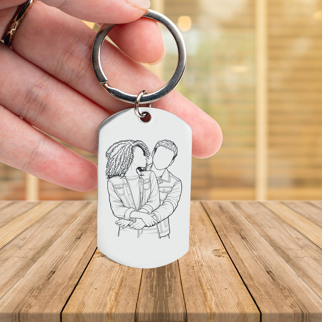 Personalized Couple Photo Line Art Keychain - "I Will Love You Forever" Quote with Engraved Stainless Steel Portrait