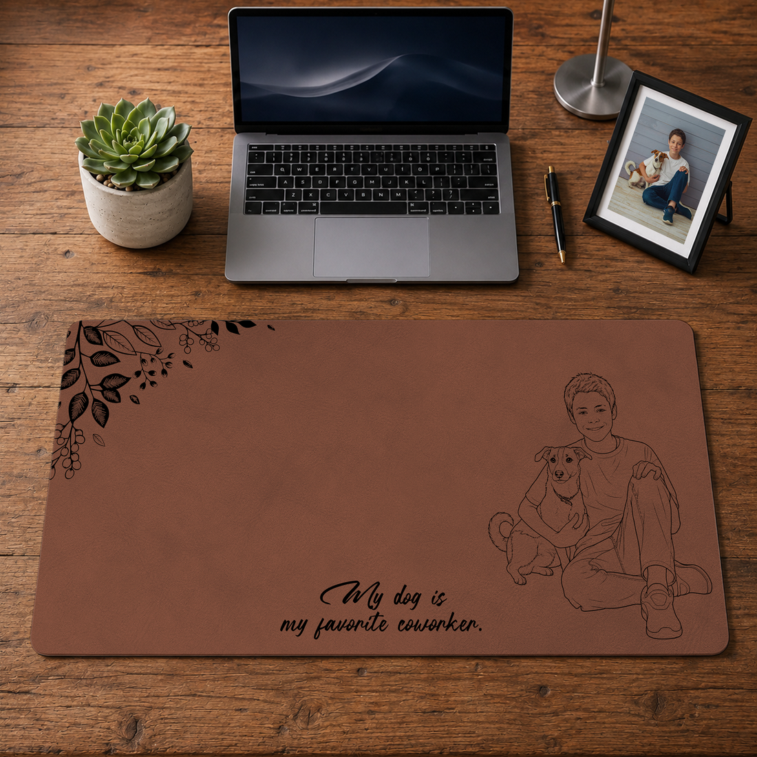 Personalized Photo to Detailed Line Art Dog & Pet Owner Desk Mat with Custom Text