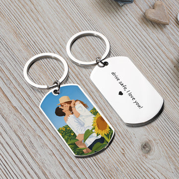 Personalized Couple Photo to Illustration Portrait Keychain - Custom Engraved Stainless Steel Keepsake with Love Message