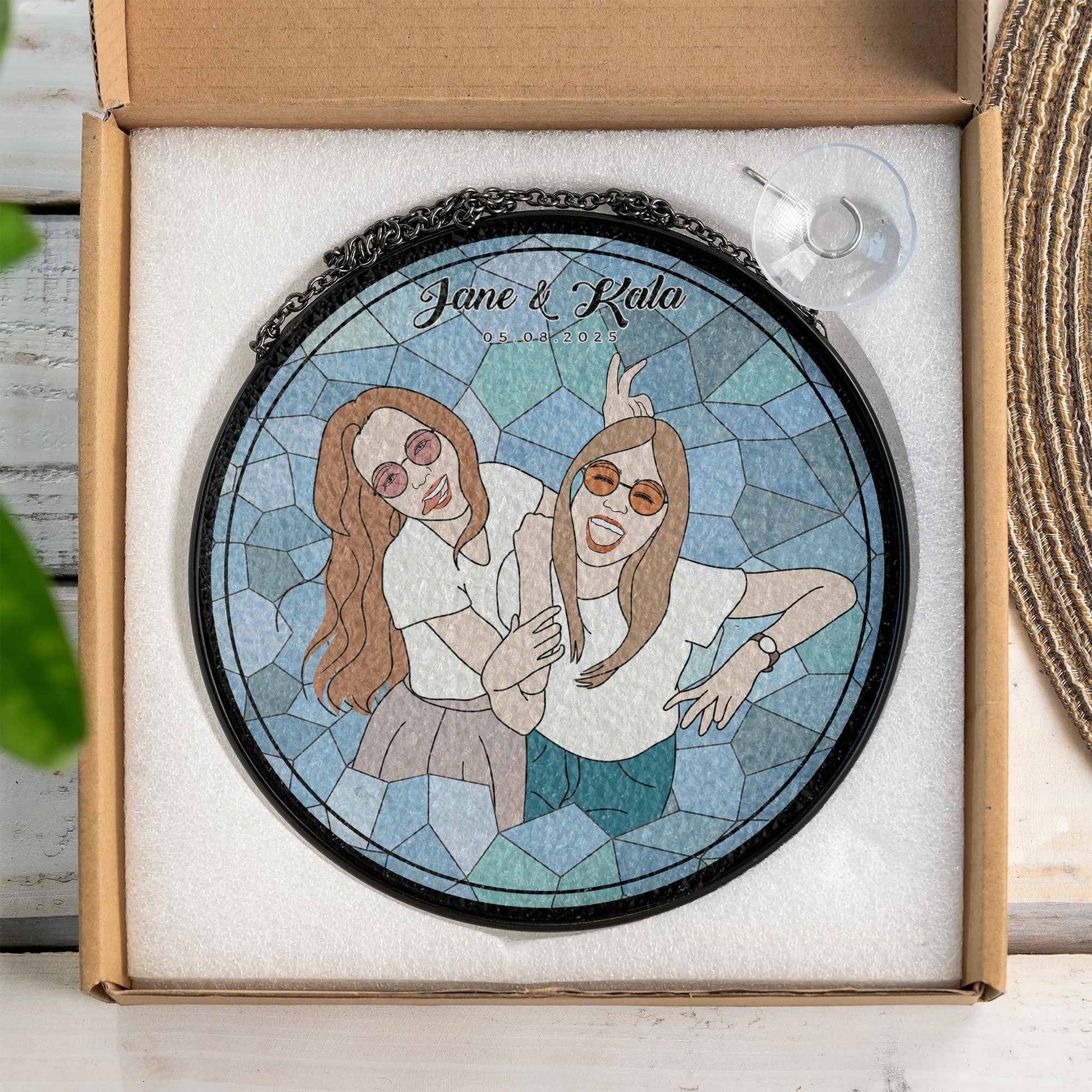 Custom Doodle Art for Friends From Photo, Turn Art Glass Suncatcher, Fun And Playful Gift for Besties-BeUnikArt