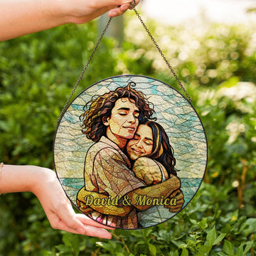 Personalized Lover Illustration Glass Suncatcher - Custom Gift for Couples, Romantic Anniversary & Valentine Window Decor