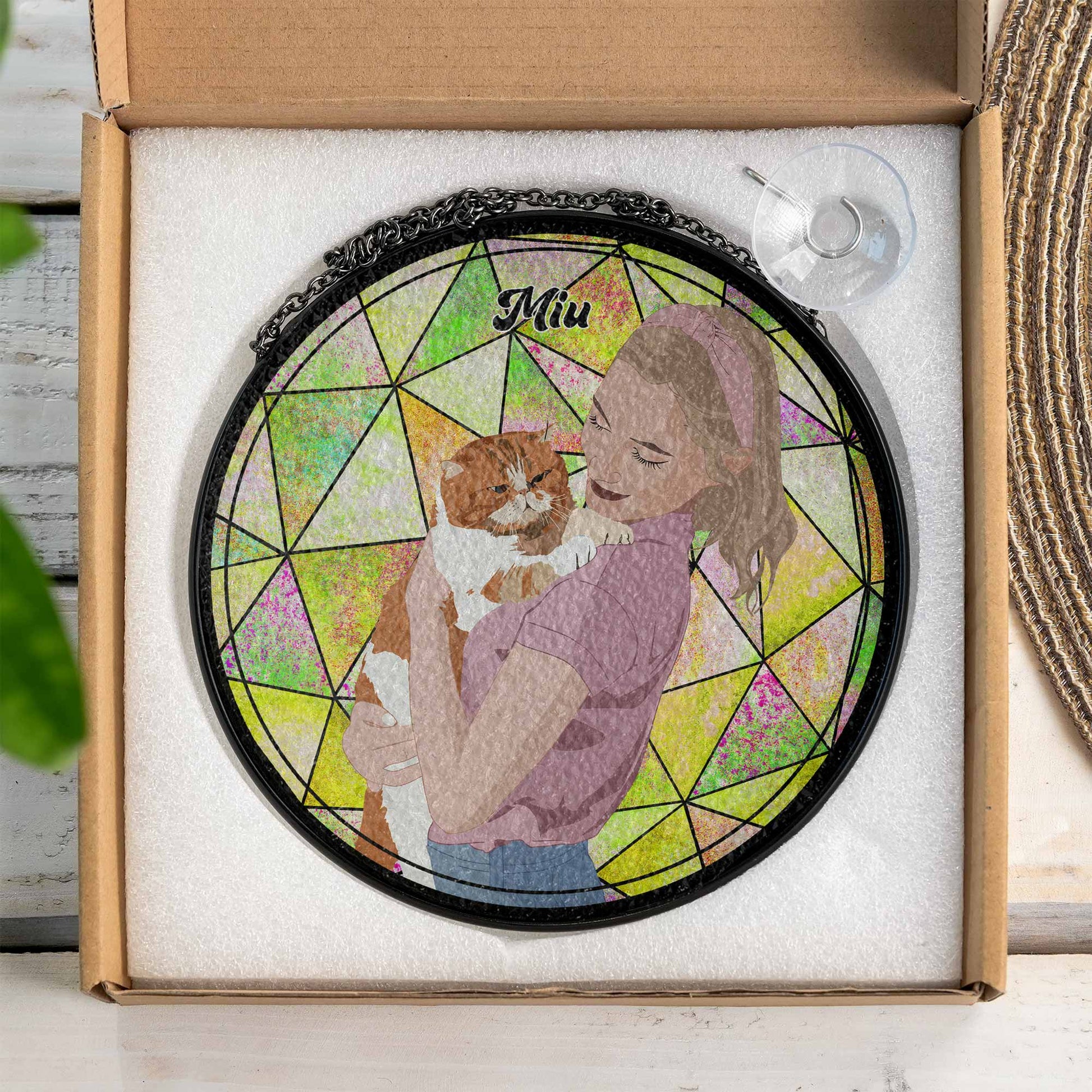 Personalize Pet and Owner Portrait Photo Illustration Art, Pet's Photo Glass Suncatcher, Window Hanging Suncatcher Gift for Pet's Owner-BeUnikArt