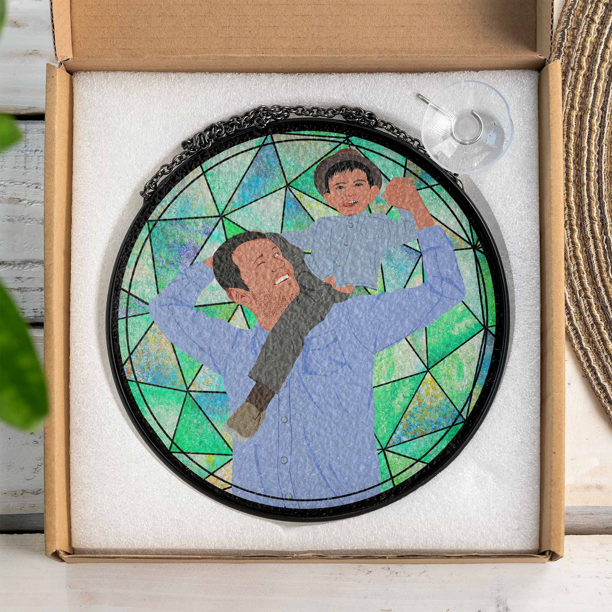 Customized Father and Baby Photo Potrait To Illustration Art, Family Photo Gift, Turn Art Glass Suncatcher Father's Day Gift-BeUnikArt