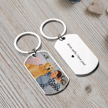 Personalized Pet Photo to Illustration Art Keychain - Custom Engraved Stainless Steel Keepsake for Pet Lovers