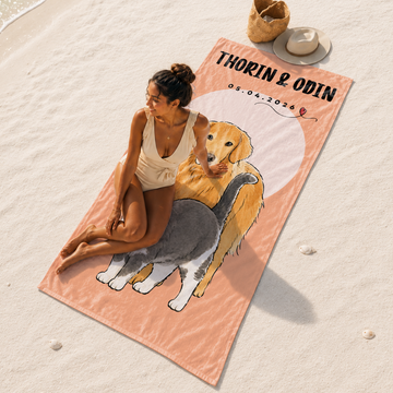 Custom Pet Photo Watercolor Doodle Beach Towel with Personalized Text, Artistic Dog or Cat Summer Keepsake