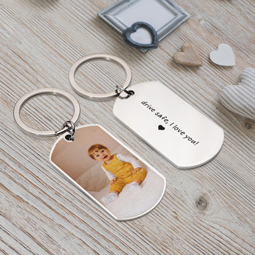 Personalized Baby Photo to Illustration Art Keychain - Custom Engraved Stainless Steel Keepsake for Parents