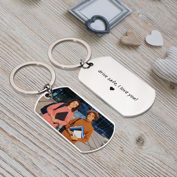 Personalized Best Friends Photo to Illustration Art Keychain - Custom Engraved Stainless Steel Keepsake for Besties