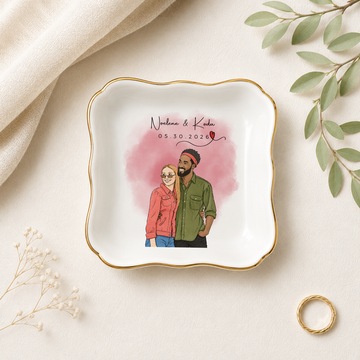 Personalized Couples Photo Water Color Doodle Trinket Dish with Custom Text, Custom Romantic Keepsake Gift