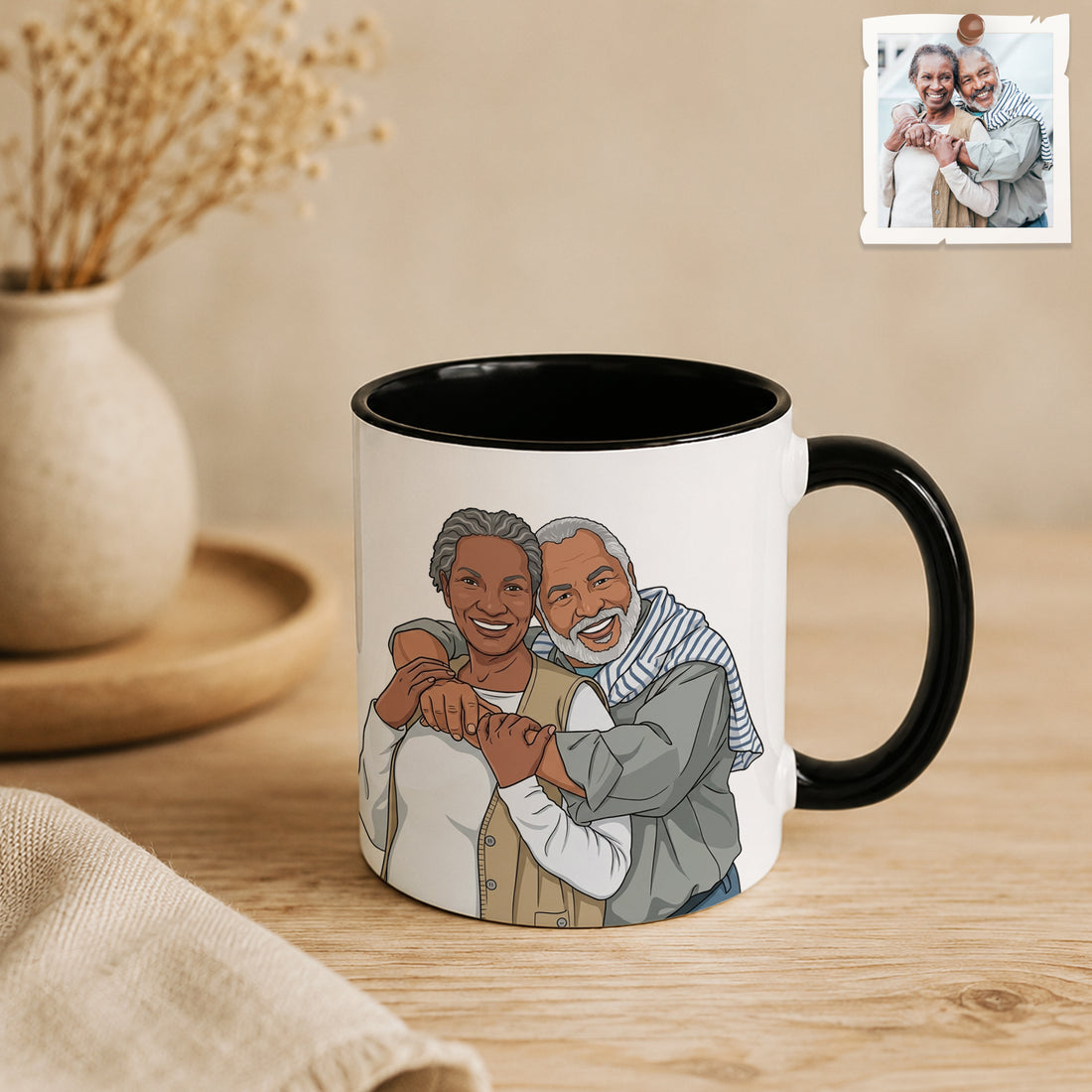 Personalized Couple Photo to Illustration Accent Mug with Custom Text - 11, 15 oz