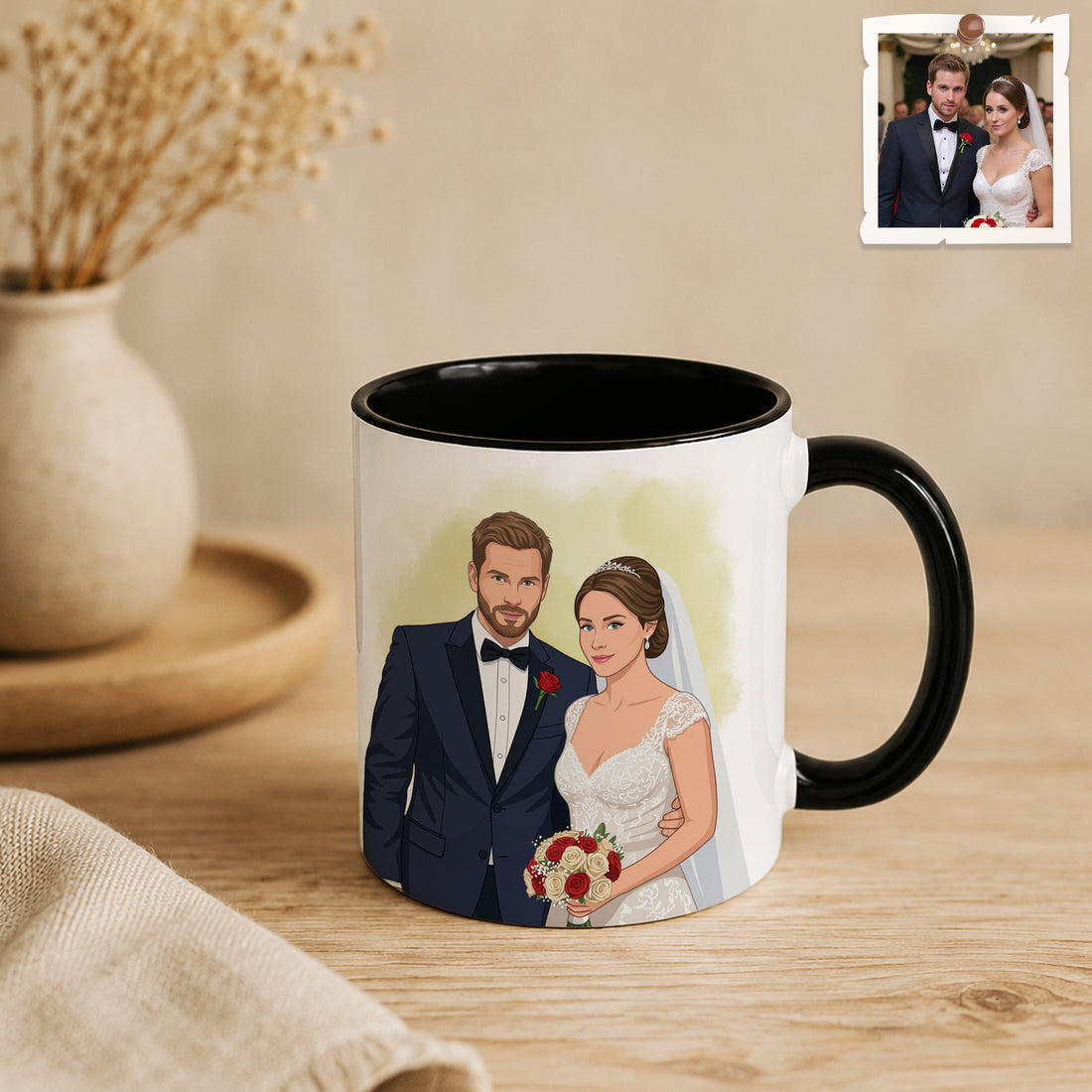 Personalized Engagement Wedding Photo to Illustration Accent Mug with Custom Text - 11, 15 oz