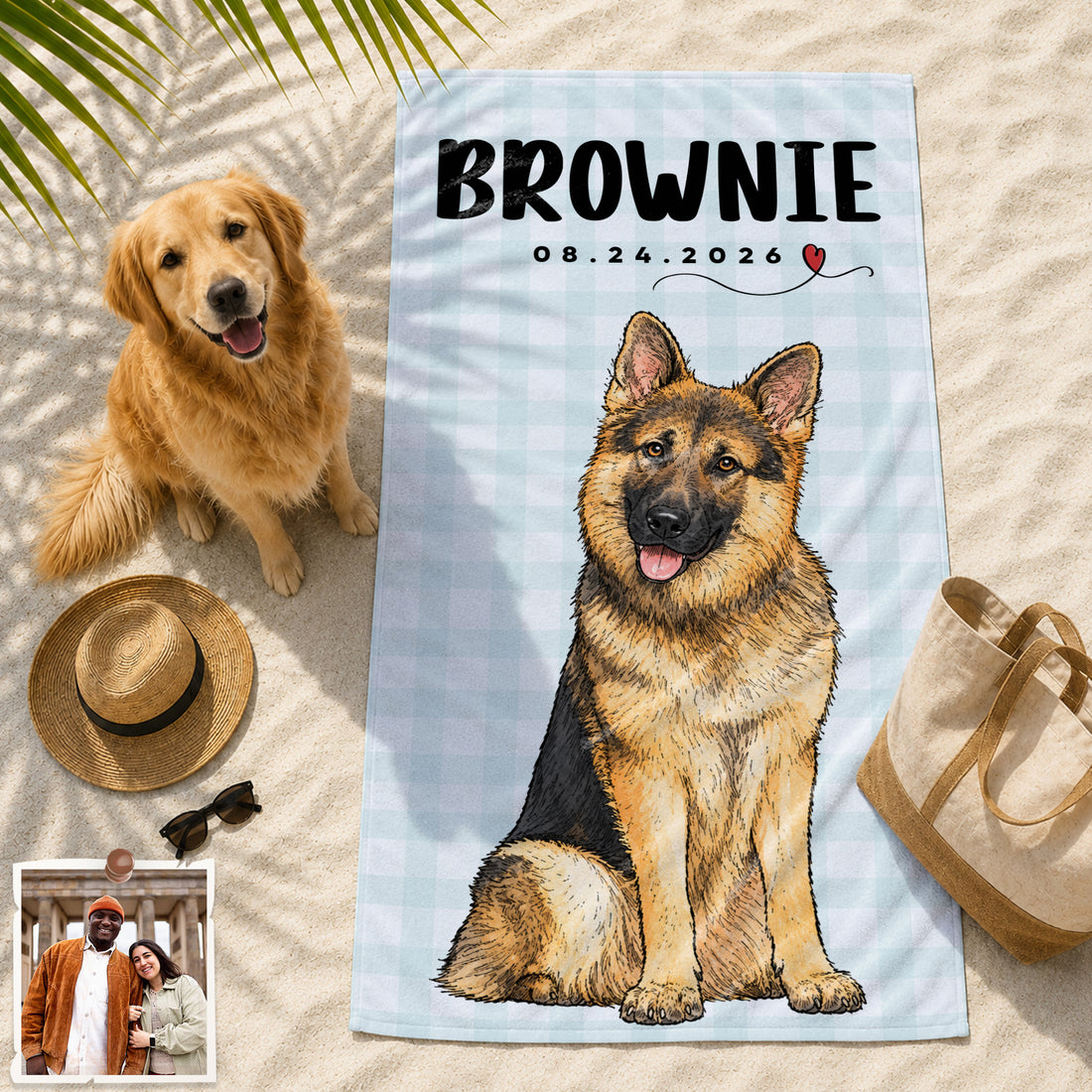Personalized Pet Sketch Doodle Beach Towel with Custom Text, Hand-Drawn Dog or Cat Summer Gift