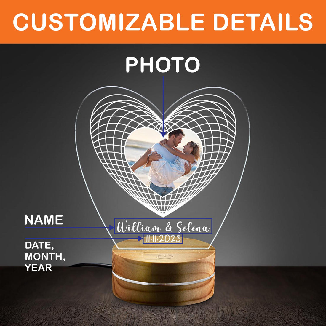 Personalized Heart Photo Night Light - Custom Names & Anniversary Date Acrylic Lamp - Romantic Wedding & Valentine's Day Gift