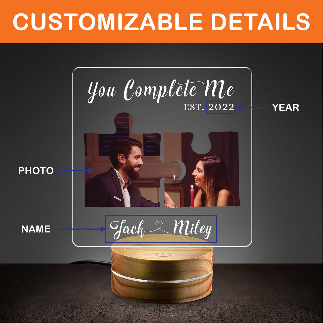Personalized "You Complete Me" Puzzle Night Light - Custom Couple Photo & Names Acrylic Lamp - Romantic Anniversary Puzzle Piece Gift