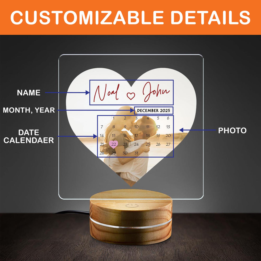 Personalized Save the Date Night Light - Custom Heart Photo Calendar Acrylic Lamp - Romantic Wedding & Anniversary Keepsake