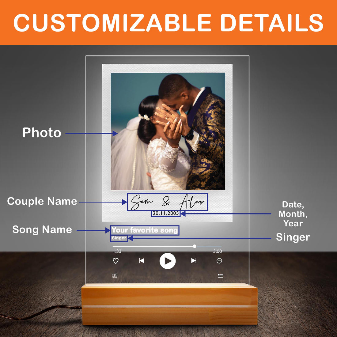 Custom Couple Song Plaque with Photo - Personalized Singer & Date Music Player Light - Unique Wedding & Valentine’s Day Gift
