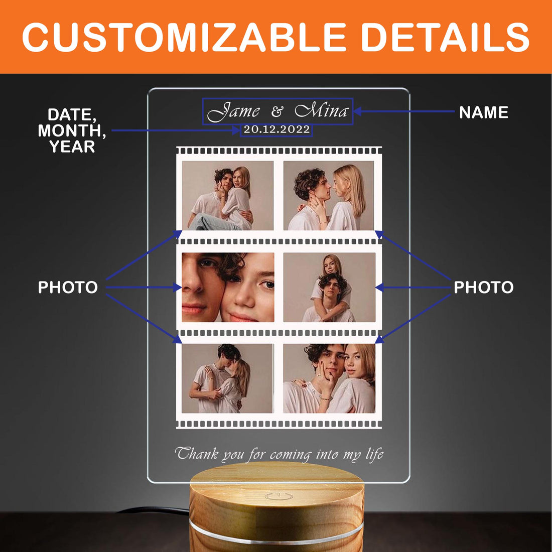 Personalized Vintage Film Strip Photo Night Light - Custom Couple Names & Anniversary Date Lamp - Retro 6-Photo Collage Gift