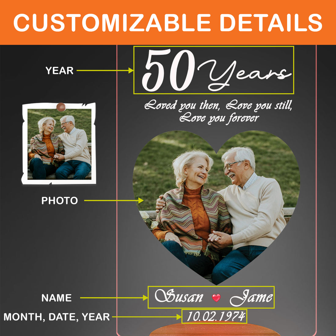 Personalized Milestone Anniversary Night Light - Custom Years Together Photo Lamp - Romantic 50th Wedding Anniversary Acrylic Gift