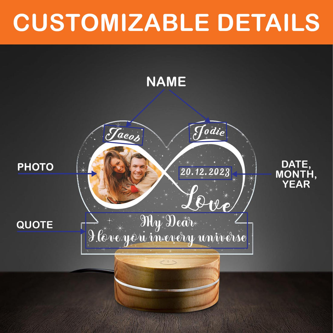 Personalized Couple Infinity Photo Night Light – Custom Wedding Anniversary Gift with Round Wooden Base