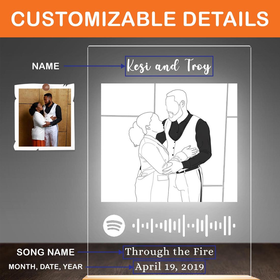 Custom Line Art Music Player Night Light - Personalized Sketch Photo Acrylic Lamp - Anniversary Song Plaque with Names & Date