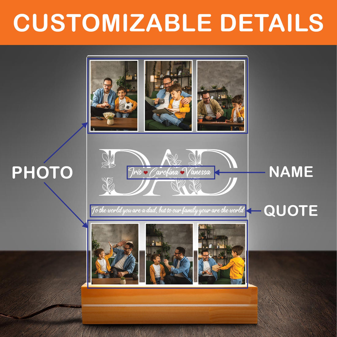 Personalized "DAD" Photo Night Light with Wooden Rectangle Base – Custom 6-Photo Collage Lamp, Father’s Day Gift