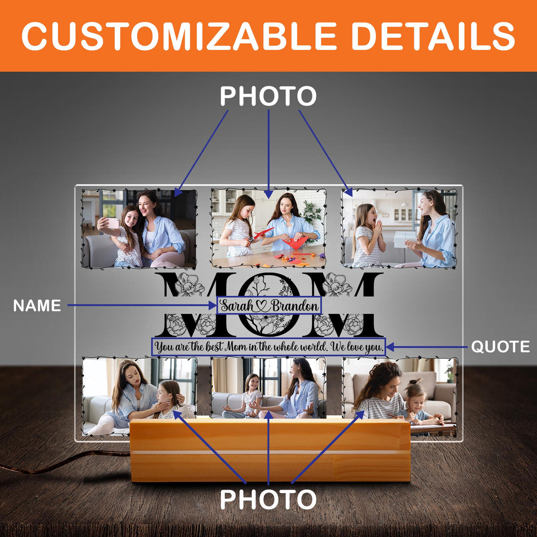 Personalized Mother’s Day "MOM" Acrylic Photo Night Light with Rectangle Wooden Base, Gift for Mom