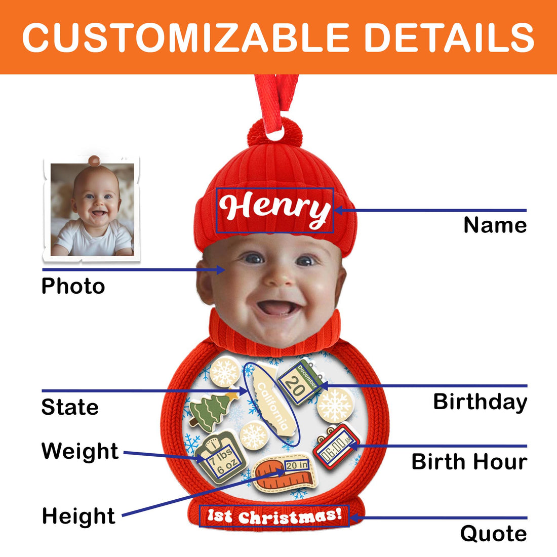 Personalized Baby’s First Christmas Acrylic Shaker Ornament, Custom Photo with Name, Newborn Keepsake, Gift for Family