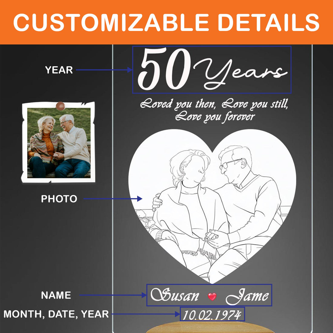 Personalized Line Art Anniversary Night Light - Custom 50th Wedding Anniversary Gift - Photo to Sketch Acrylic Lamp