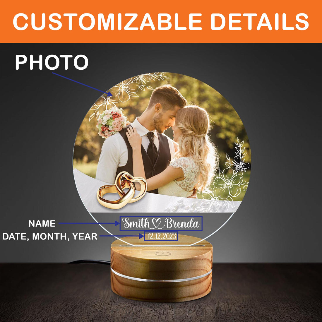 Personalized Couple Photo Acrylic Night Light with Round Wooden Base, Romantic Valentine’s Day Keepsake