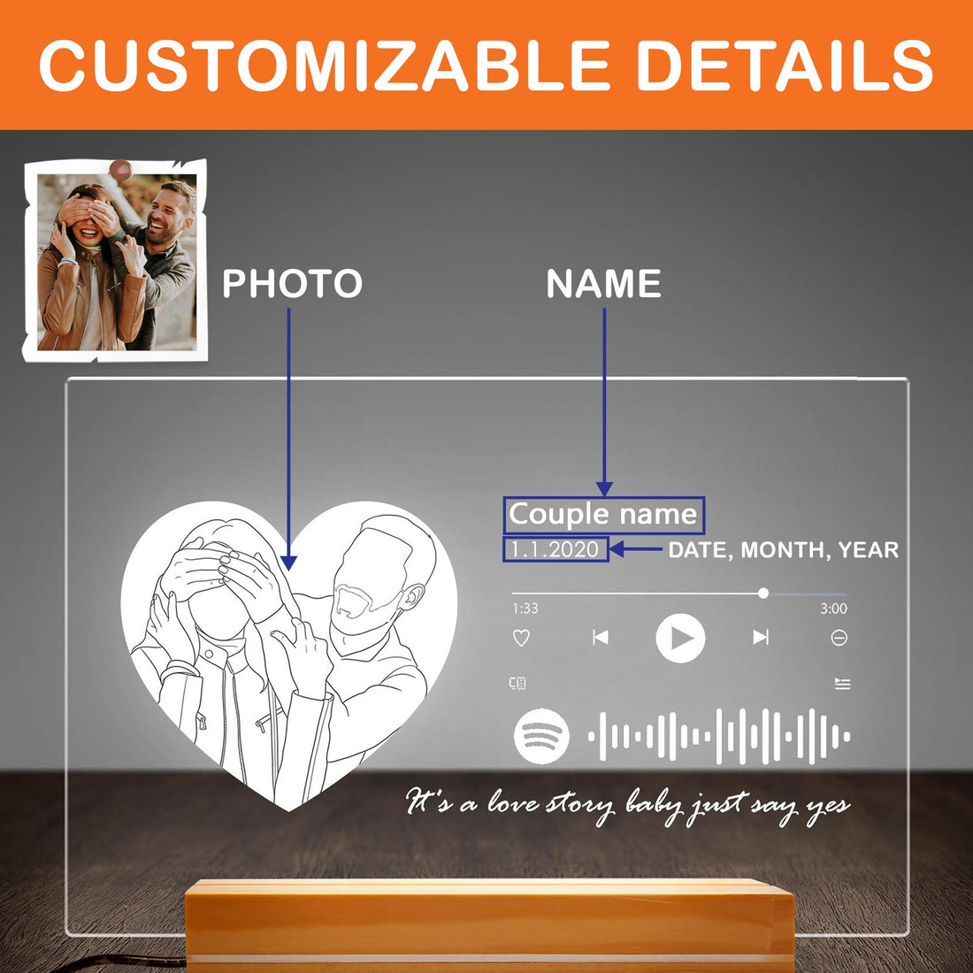 Custom Line Art Heart Music Player Night Light - Personalized Sketch Photo Acrylic Lamp - Romantic Anniversary Spotify Style Gift