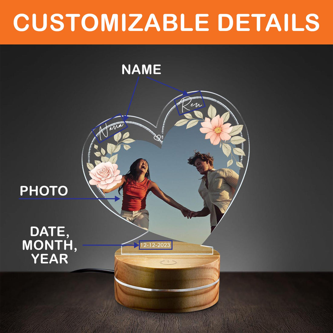 Custom Couple Heart Acrylic Light with Round Wooden Base - Personalized Romantic Keepsake with Photo, Names, and Special Date