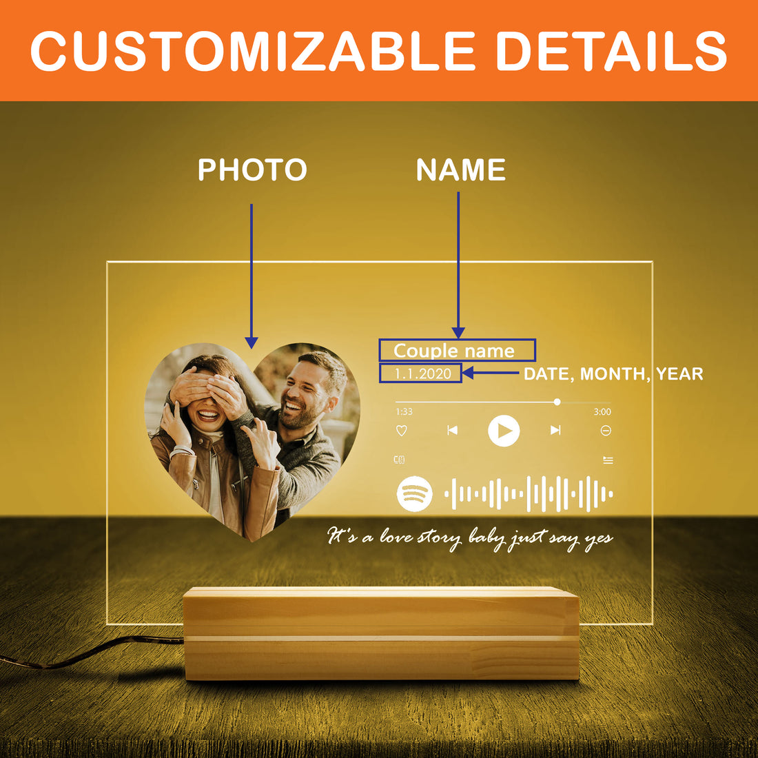 Personalized Heart Photo Music Player Night Light - Custom Couple Names & Anniversary Date Acrylic Lamp - Romantic Spotify Style Gift