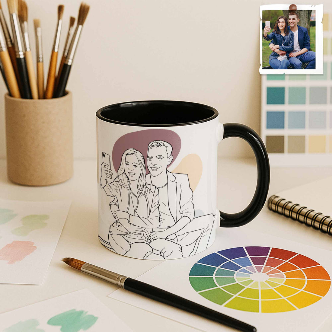 Customized Couple Portrait Photo to Line Art, Lovely Anniversary Gift, Accent Coffee Mug (11, 15oz) - BeUnikArt