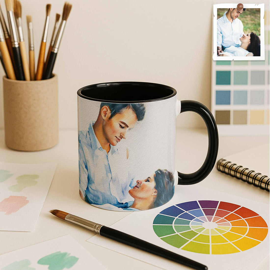 Customized Couple Watercolor Style Art Mug, Love Portrait, Accent Coffee Mug (11, 15oz) - BeUnikArt
